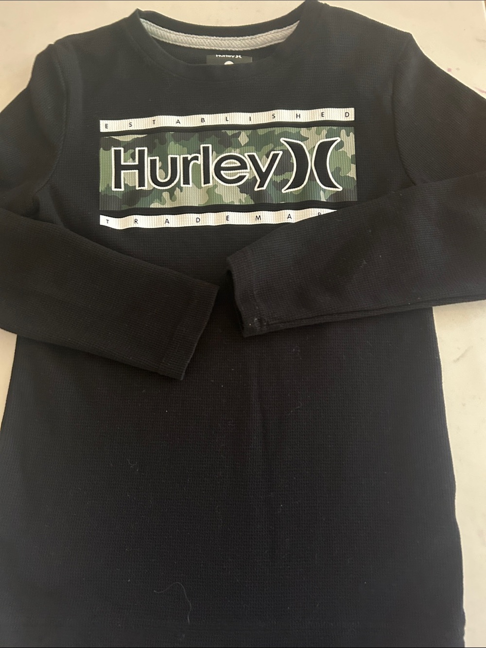 Hurley Black Long-Sleeve Tee with Green Camo Logo Panel